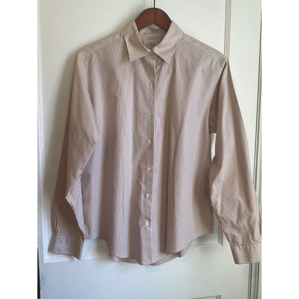 Brooks Brothers 346 Womens Non-Iron Cotton Striped Button Down Shirt Tan 14